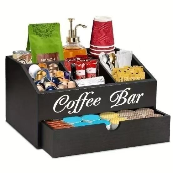 Coffee Bar Counter Storage Box Solid Wood Coffee Pod Beverage Organizer Box Desktop Compartment Storage Box
