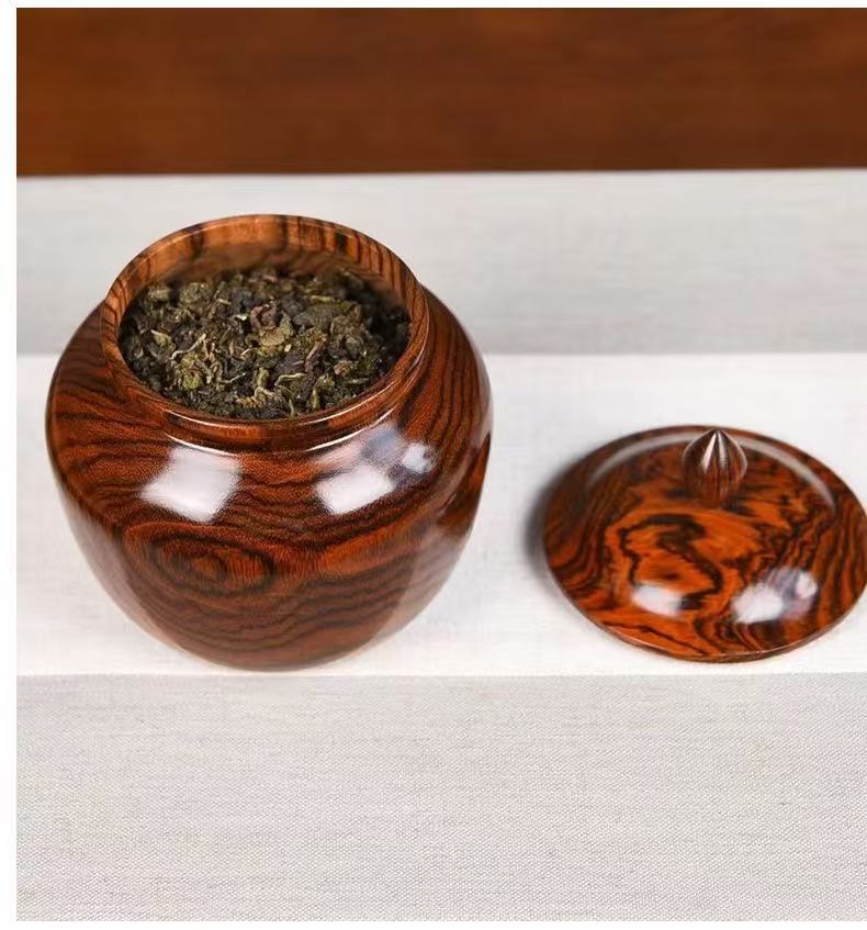 Tiger Skin Sandalwood Acacia Solid Wood Sealed Copper Lid Tea Canister Home Office Living Room Decorative Creative Craft