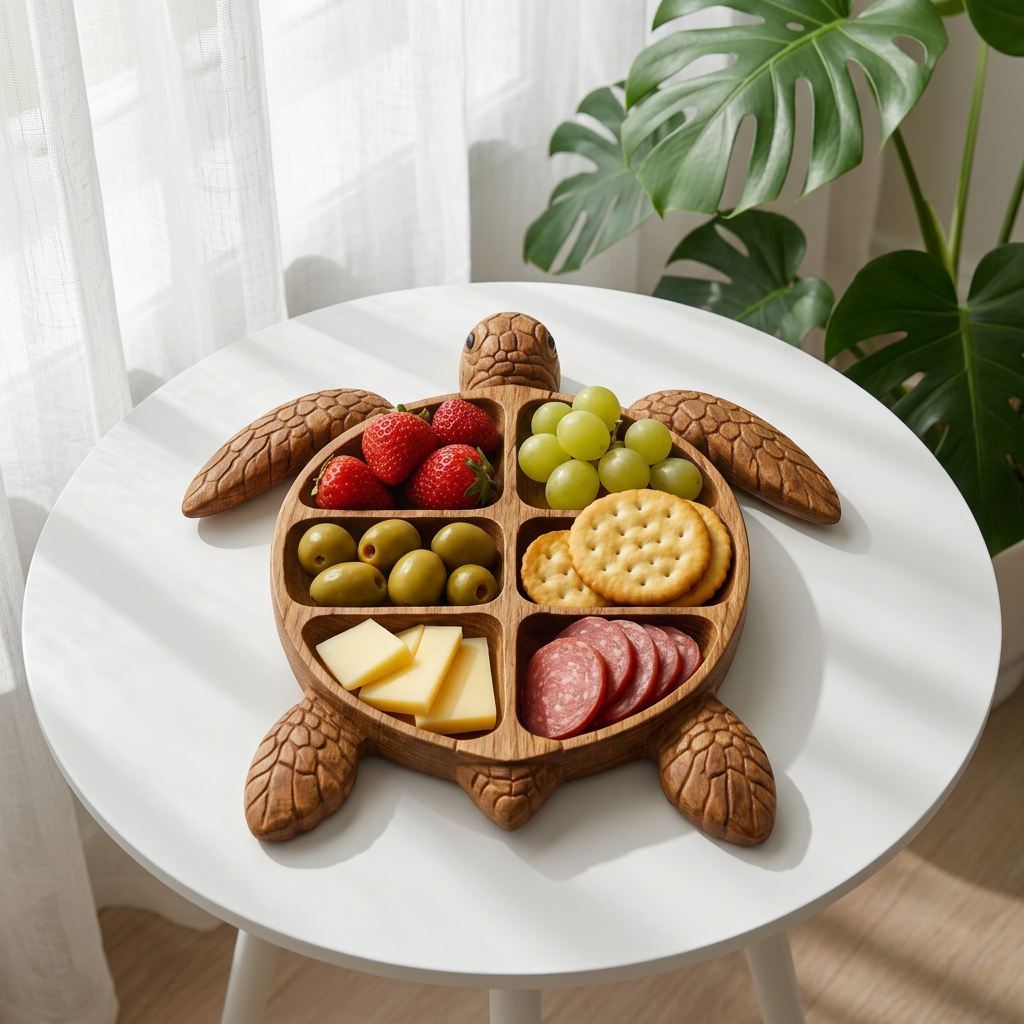 Wooden Personalized Creative Cartoon Turtle-Shaped Plate with Divided Sections Suitable for Serving Cheese and Fruits