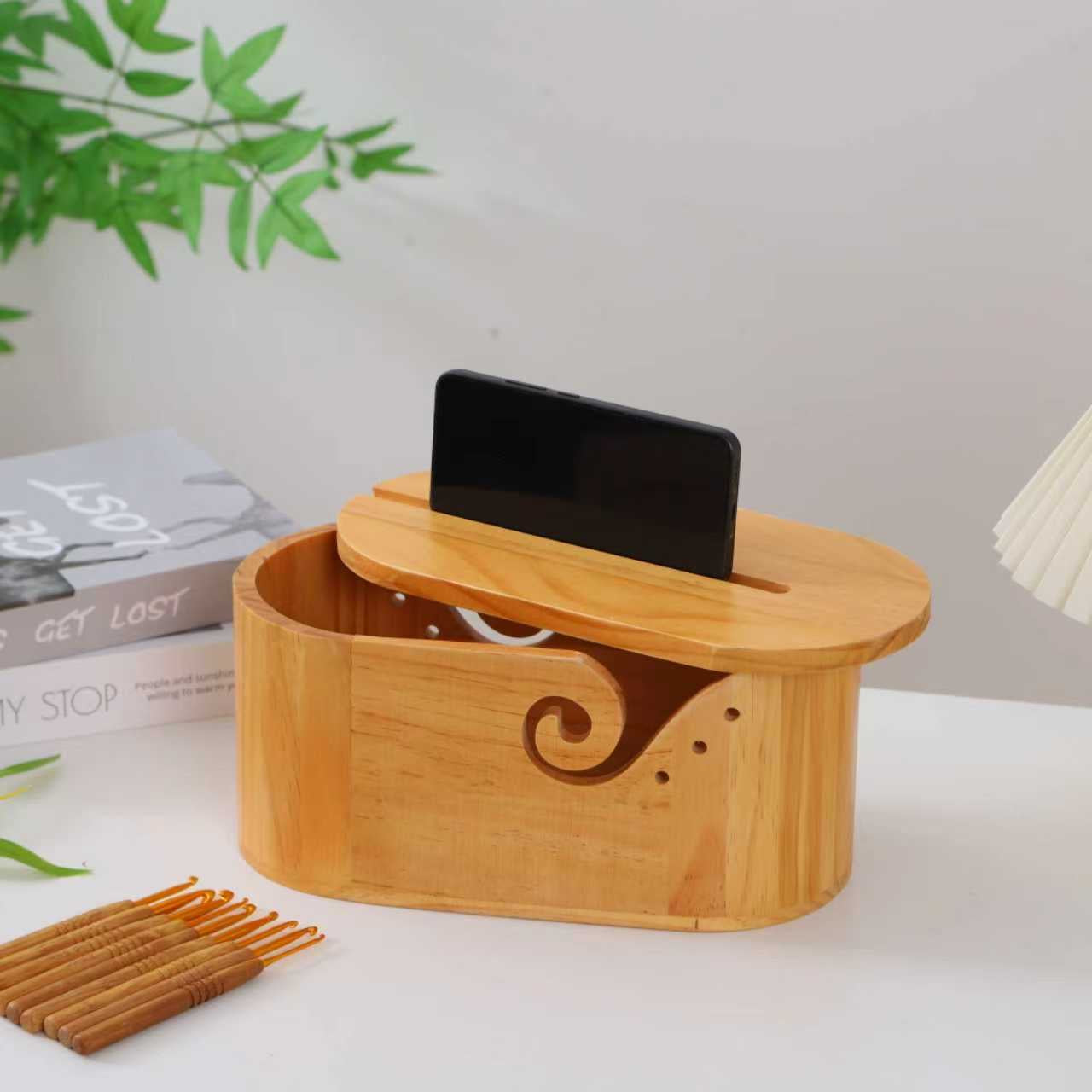 Wooden Oval Knitting Storage Box with Lid for Yarn, Wooden Bowl for Yarn, Yarn Storage Bowl for Holding Phones