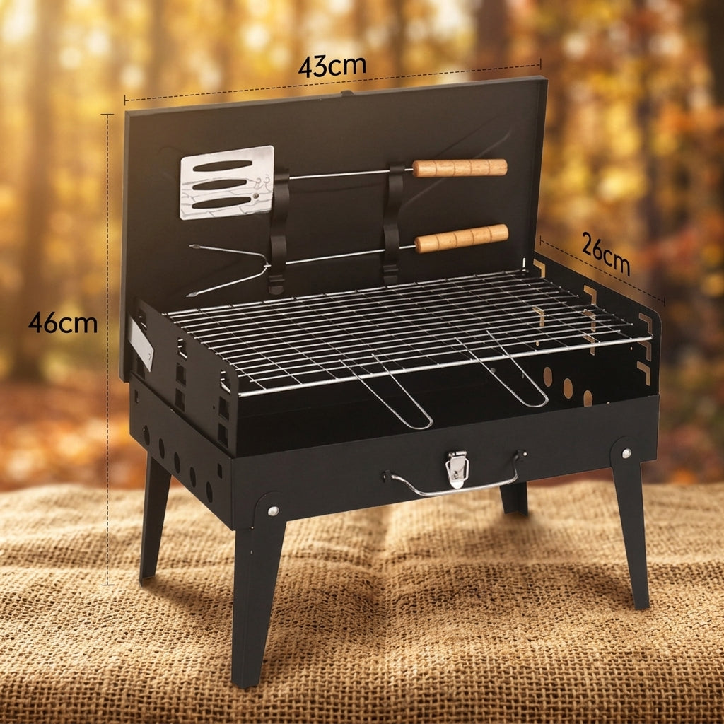 Outdoor Folding BBQ Grill with Built-in BBQ Tool Box, Portable Handheld Design for Various Locations