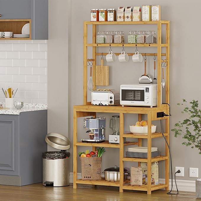 Bamboo Kitchen Storage Rack with Power Sockets 10 S-Shape Hooks for Tableware Food Dishes and Bowls Coffee Bar Stand Shelf