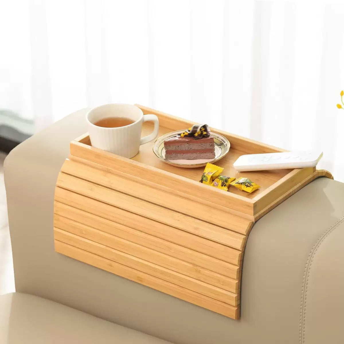 Multifunctional Solid Wood Sofa Tray Lazy Tray with Grooves Side Sofa Armrest Tray for Holding Phone, Cup, and Remote Control