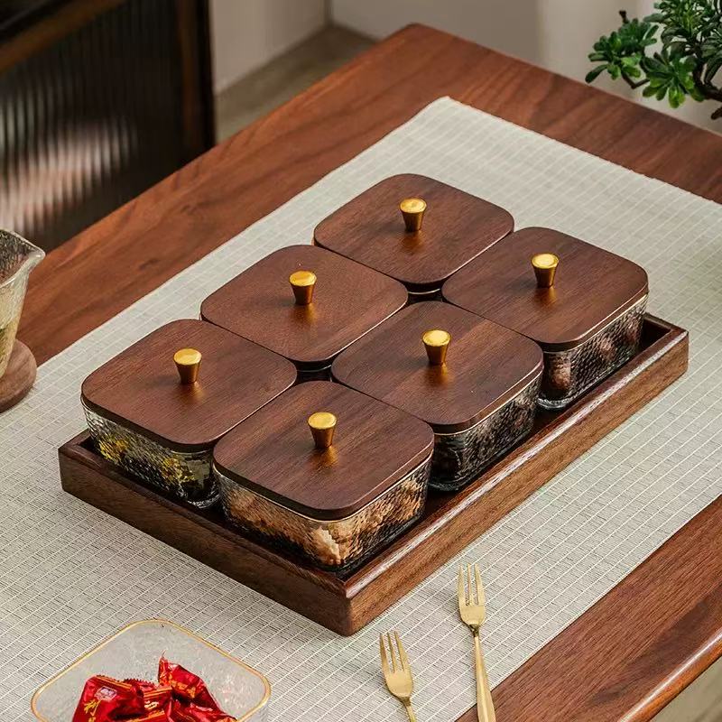 Walnut Eco-Friendly Wedding Creative Home Partition Dry Fruit Tray Plant Pattern Dessert Sugar Glass Bowl Fruit Plate Snack