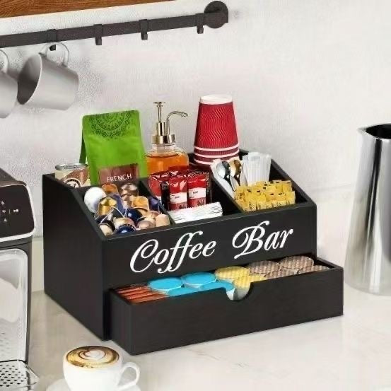 Coffee Bar Counter Storage Box Solid Wood Coffee Pod Beverage Organizer Box Desktop Compartment Storage Box