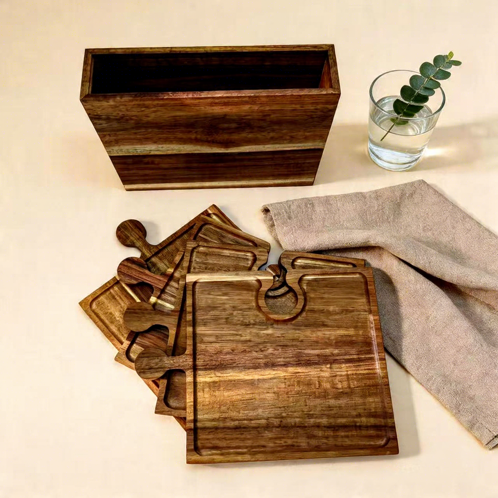 Wooden Tray Puzzle Shape Acacia Wood Tray Kitchen Cutting Board Fruit Steak Pizza Plate Snack Bread Tray