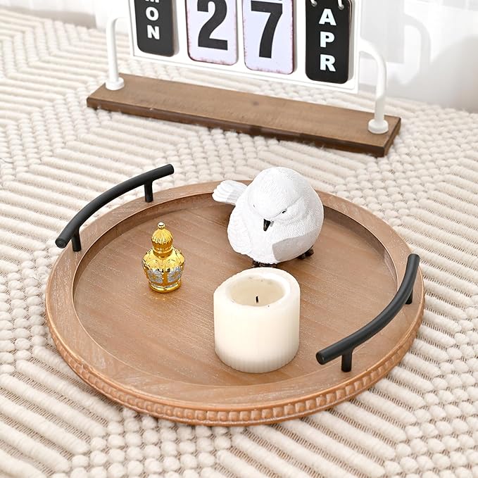 Round Wood Tray with Handle Kitchen Counter Tray Decorated by Wooden Bead Garland for Living Room Use Lacquer Technics