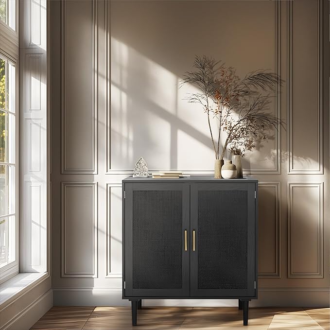 Large Capacity Black Wood Rattan Decorative Kitchen Storage Cabinet Display Stand for Dining Hall Corridor Wine Storage Home Use