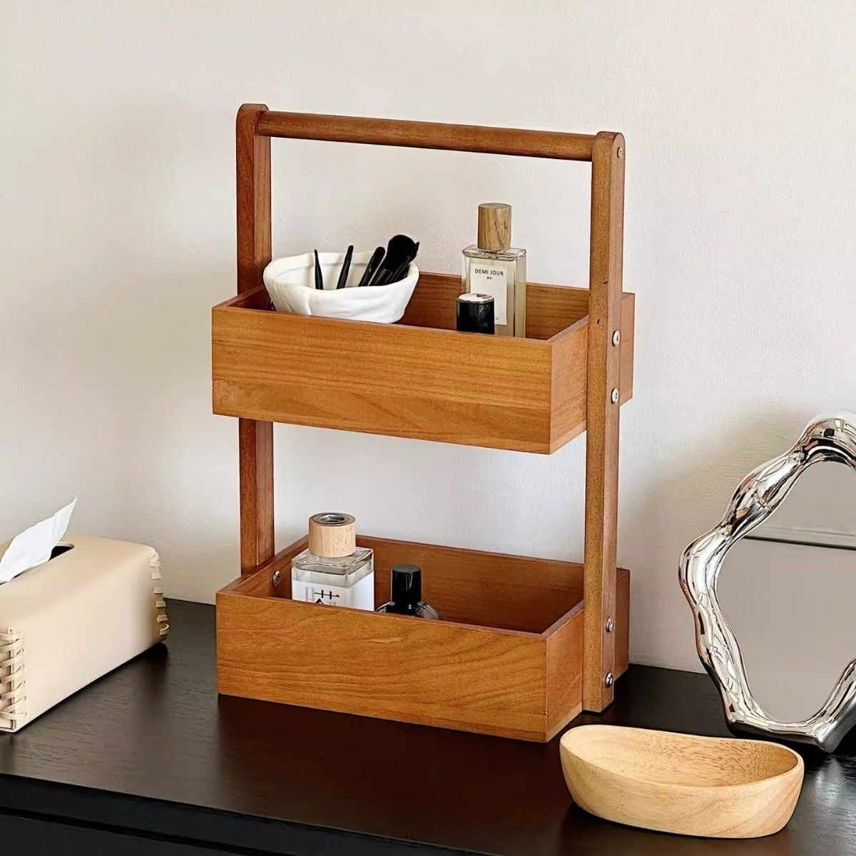 Double Layer Solid Wood Storage Rack Multi-layer Storage Rack for Vegetables Kitchen Bathroom Living Room Storage Organization
