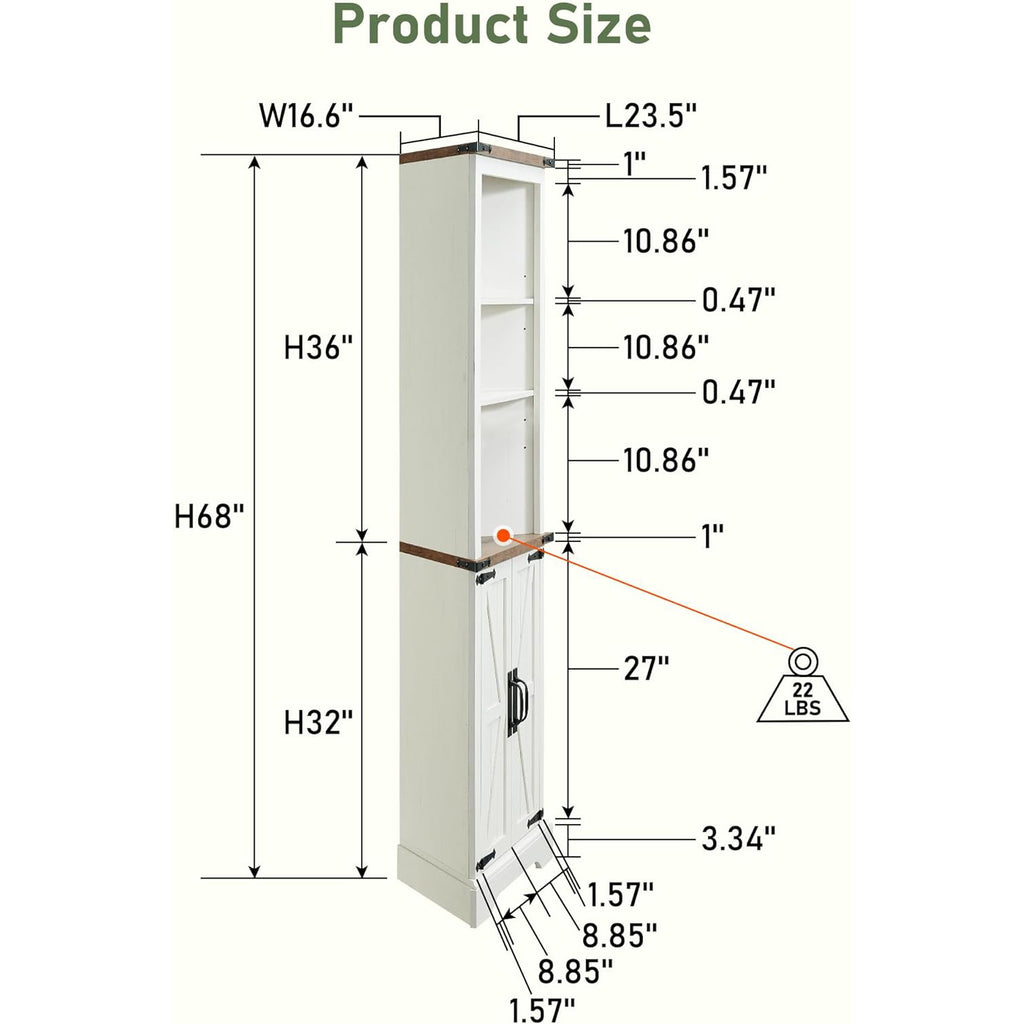 Tall Rustic Oak Antique White Corner Cabinet Adjustable Shelves Farmhouse Storage Barn Door Design Home Space Saver Living Room