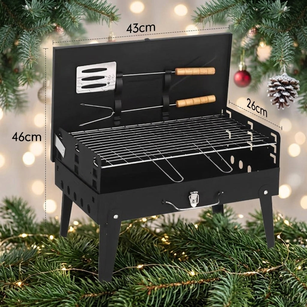 Outdoor Folding BBQ Grill with Built-in BBQ Tool Box, Portable Handheld Design for Various Locations