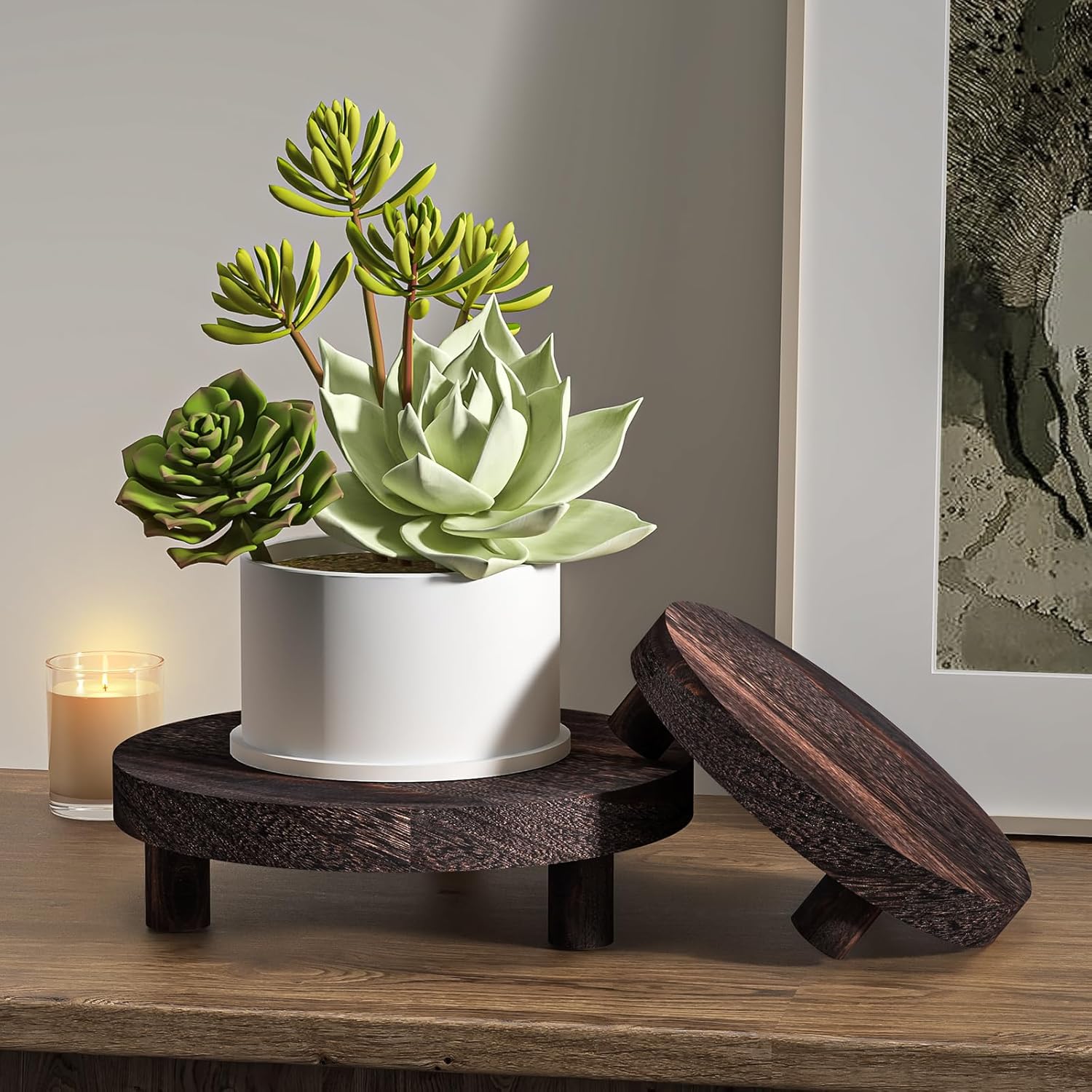 Versatile Wooden Tripod Flower Stand & Bonsai Plant Stool Base Tray Home Kitchen Bathroom Decor Storage Rack for Desktop Display