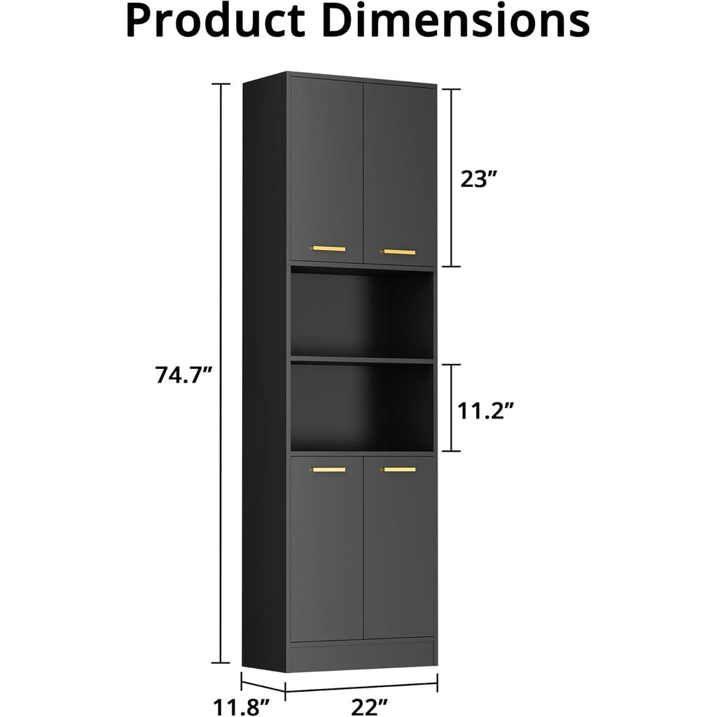 Tall Kitchen Pantry Storage Cabinet 4 Wood Doors Freestanding Cupboard Open Countertop Adjustable Shelves Portable Wardrobe