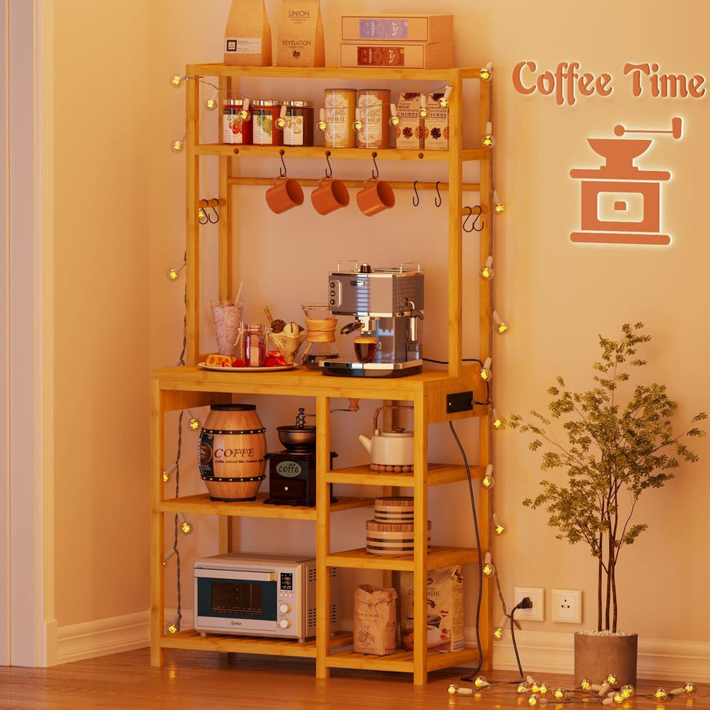 Bamboo Kitchen Storage Rack with Power Sockets 10 S-Shape Hooks for Tableware Food Dishes and Bowls Coffee Bar Stand Shelf