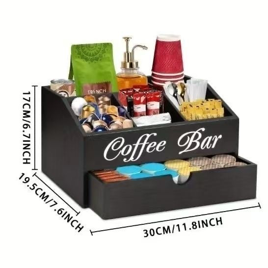 Coffee Bar Counter Storage Box Solid Wood Coffee Pod Beverage Organizer Box Desktop Compartment Storage Box