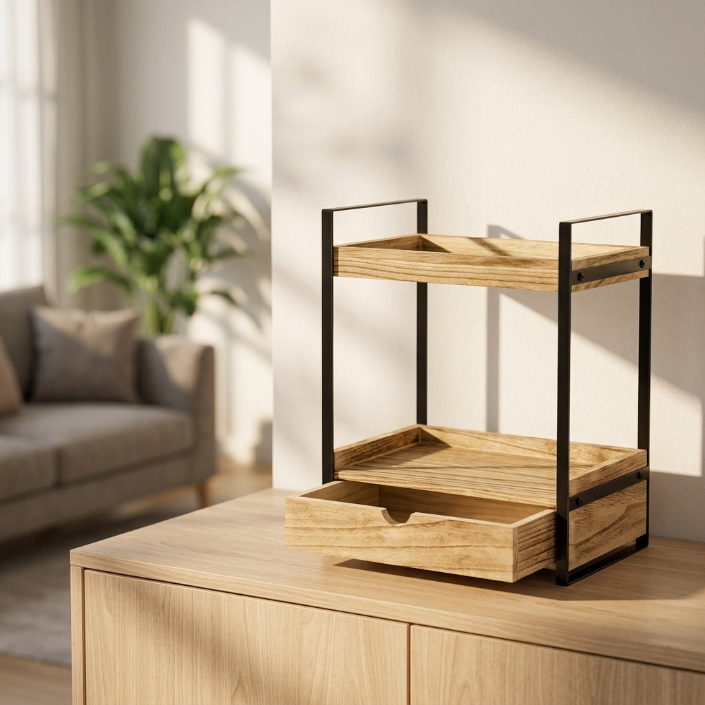 Wooden Storage Rack Double-Layer Bathroom Organizer with Drawer Wooden Counter Rack Bathroom Countertop Organizer