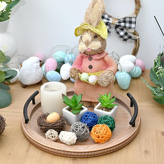 Round Wood Tray with Handle Kitchen Counter Tray Decorated by Wooden Bead Garland for Living Room Use Lacquer Technics