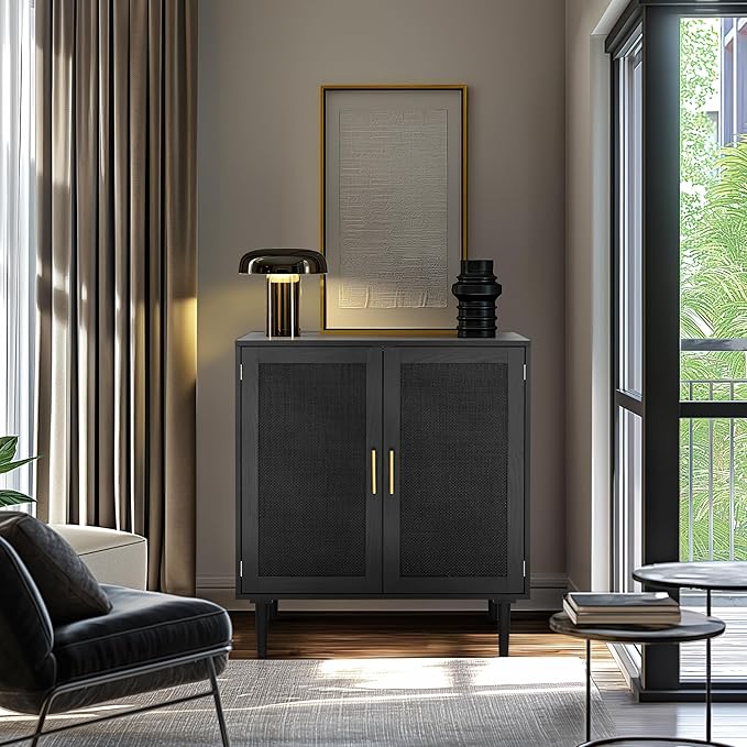 Large Capacity Black Wood Rattan Decorative Kitchen Storage Cabinet Display Stand for Dining Hall Corridor Wine Storage Home Use