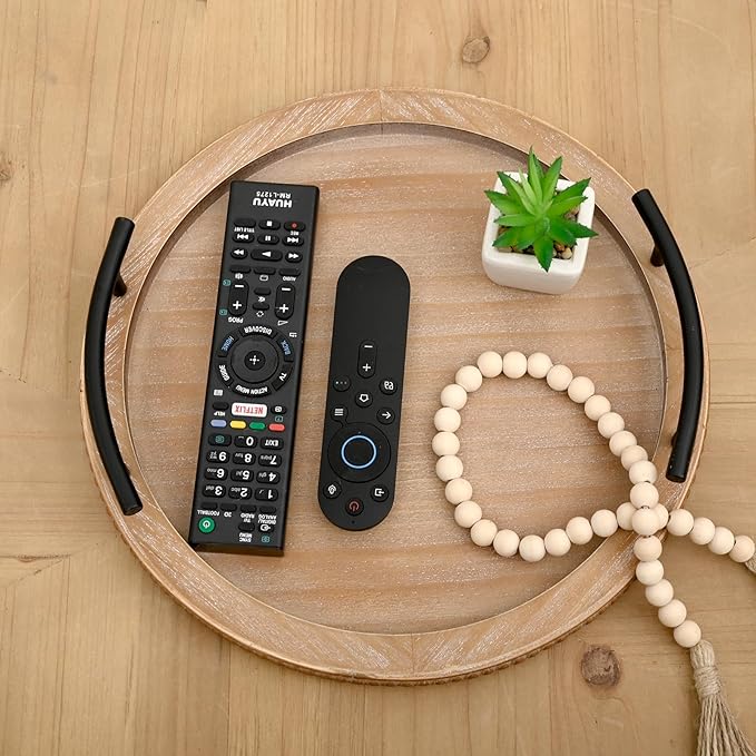 Round Wood Tray with Handle Kitchen Counter Tray Decorated by Wooden Bead Garland for Living Room Use Lacquer Technics