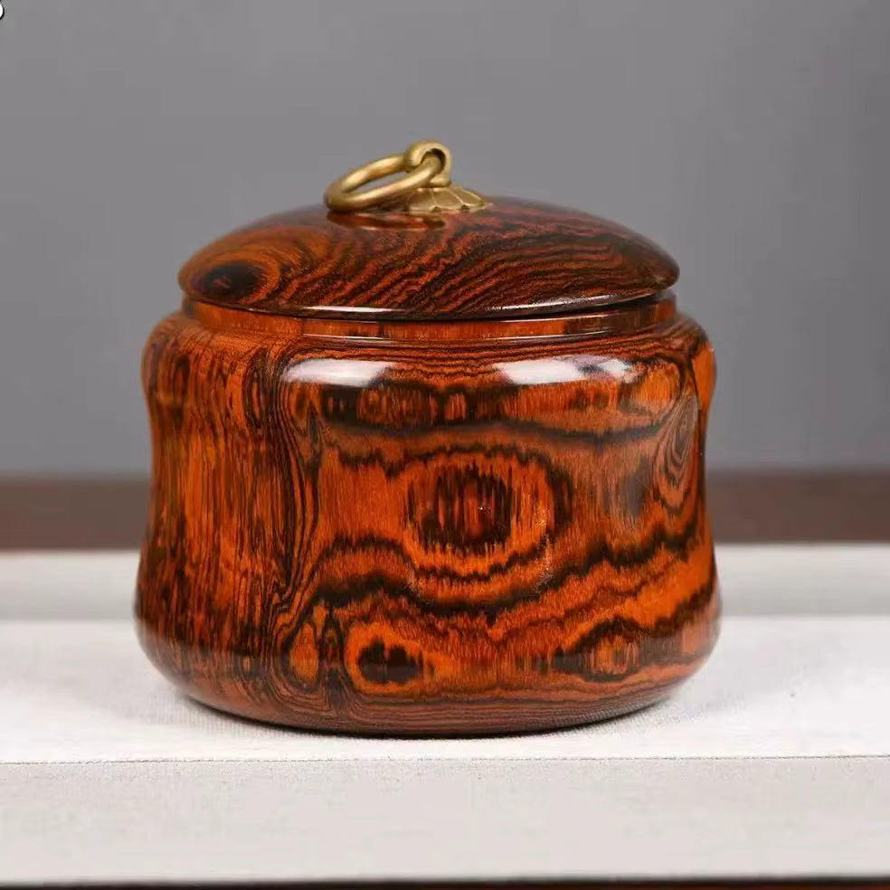 Tiger Skin Sandalwood Acacia Solid Wood Sealed Copper Lid Tea Canister Home Office Living Room Decorative Creative Craft